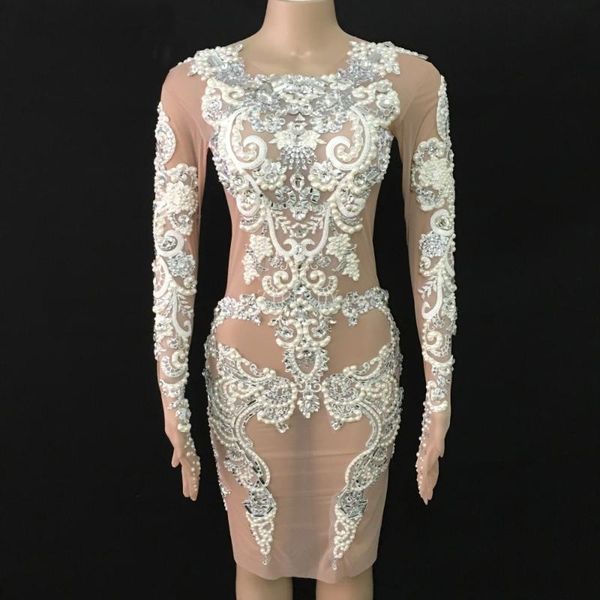 

party decoration silver rhinestones pearls mesh dress women's birthday celebrate see through outfit nightclub women singer dancer