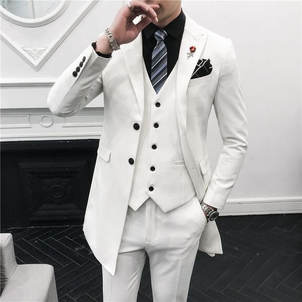 Branco cavalheiro Long Mens Ternos para Casamento Elegante Cinza Tuxedo 3 Piece Conjunto de Negócios Ternos Pretos Prom Festa de Prom Slim Fit Vestido