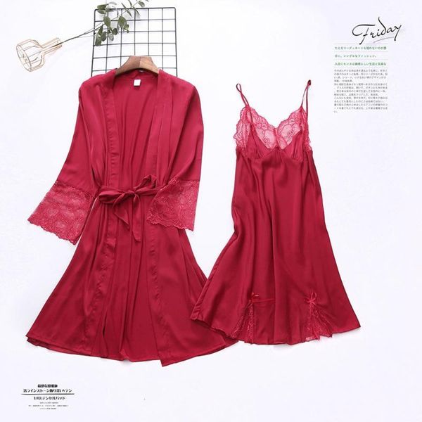 

summer women robe suit bride wedding satin silky 2pcs sleepwear lace sleep set female nighty&robe homewear women's 377f, Black;red