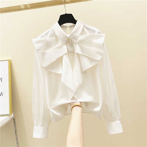 

long sleeve shirt peter pan collar and splicing bow fashion solid color women's in spring womens blouses 210615, White