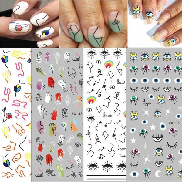 

1pcs body line design 3d nail art stickers eyes irregular curve self-adhesive decals abstract sketch decoration1, Black