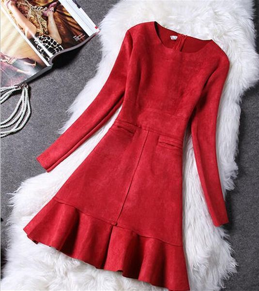 

casual dresses fashion slim women suede dress long sleeve elegant christmas party, Black;gray