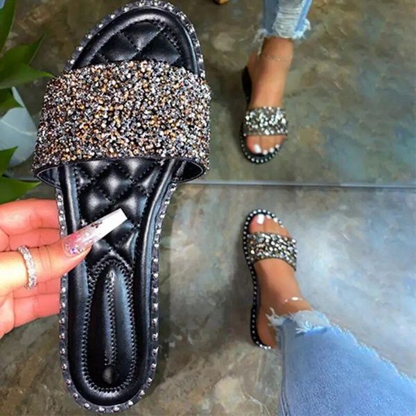 

summer slippers shoes woman round head flat-bottom ling rhinestone beach plus size crystal laides flip flops slides, Black