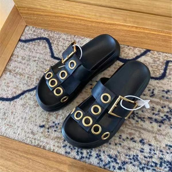 

fashion brand summer slippers metal dec genuine leather round toe buckle beach slides zandalias de mujer moda, Black