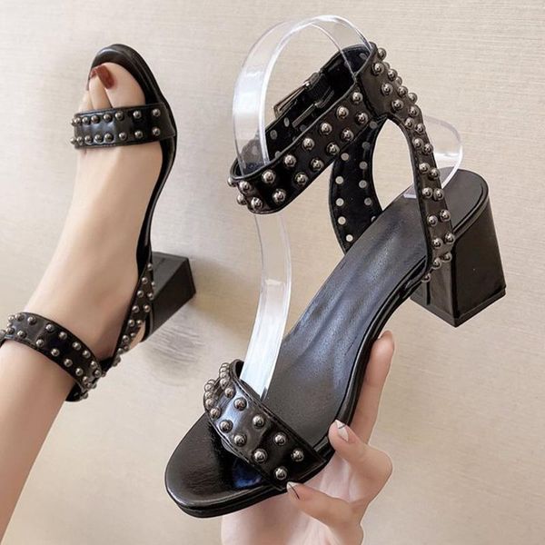

ladies sandals rivet high heels female pu leather summer shoes metal ankle buckle women's square heel fashion elegant party, Black