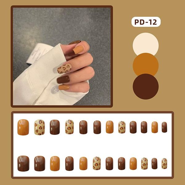 

false nails fake yellow coffee leopard nail stickers finished 24 with glue tn, Red;gold