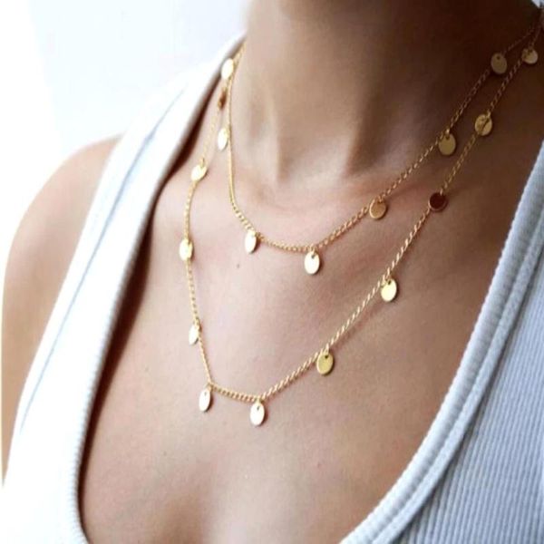 Ketten Mode Doppelschichtmünze Halskette Böhmen Gold Farbe Runde Pailletten Choker Anhänger auf Neckkettenschmuck