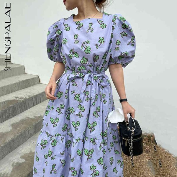 

elegant floral dress womne's summer square collor lace-up waist puff short sleeves big swing dresses female 210427, White