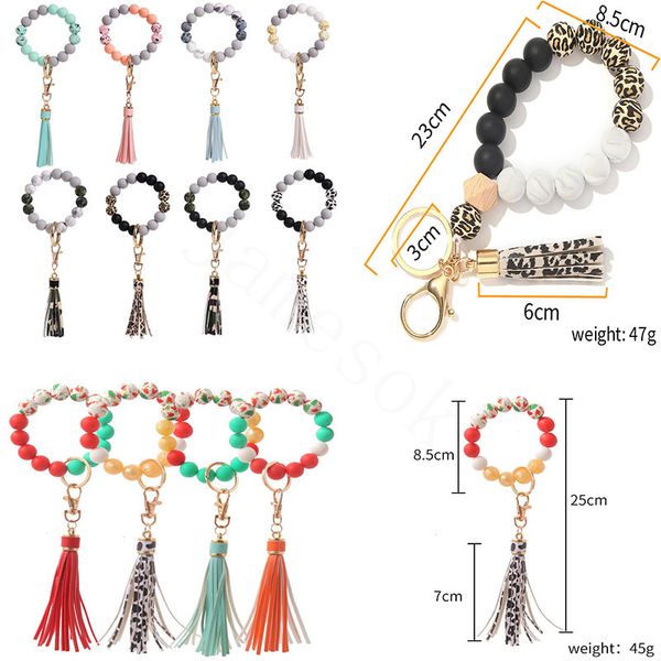 

party favor fashion silicone bead bracelets beech tassel key chain pendant leather bracelet women christmas jewelry event supplies dd538, Silver