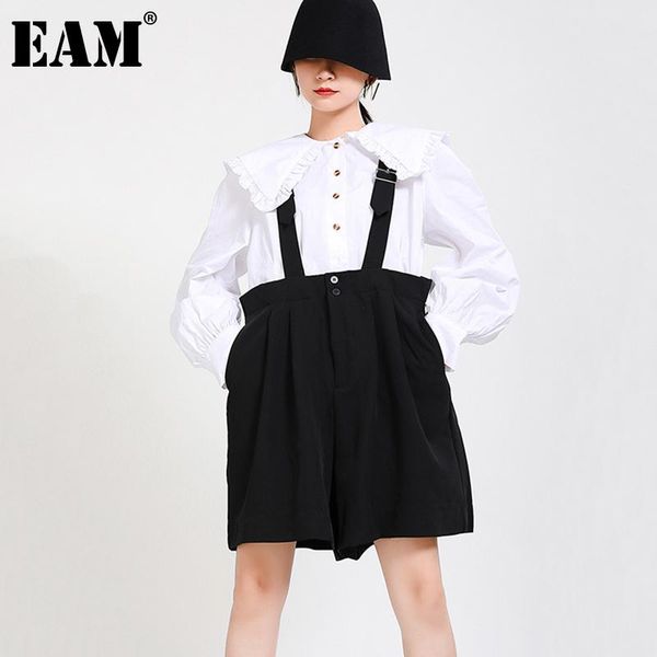 

[eam] high waist black pleated wide leg overalls trousers loose knee length pants women fashion spring autumn 2021 1da214 women's & cap, Black;white