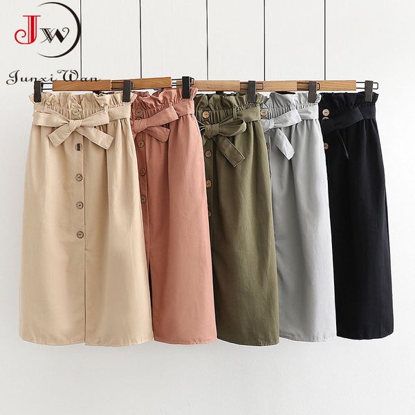 

women casual cotton skirts spring and summer korean style solid elegant high waist single-breasted lace up split midi skirt 210510, Black