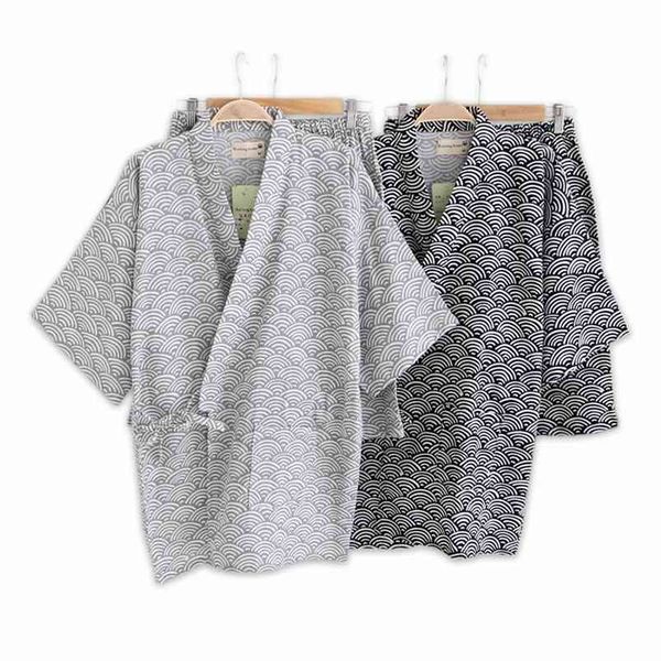 Basit Dalga 100% Pamuk Şort Pijama Erkekler Kısa Kollu Pijama Japon Kimono Pijama Setleri Şort Ev Bathrobes Bedgown 210901