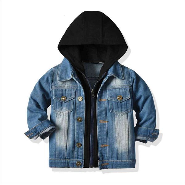 

stylish kids boys girls denim hooded jackets casual fake two cardigan coat children cowboy zipper outerwear clothes, Blue;gray