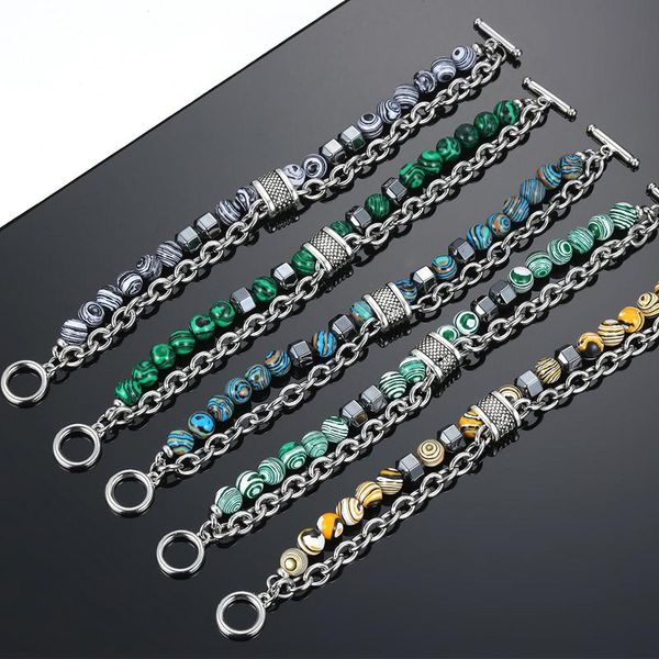 

charm bracelets malachite beaded bracelet metal stainless steel fashion multicolor jewelry gifts bead wristband men's hematite for men, Golden;silver