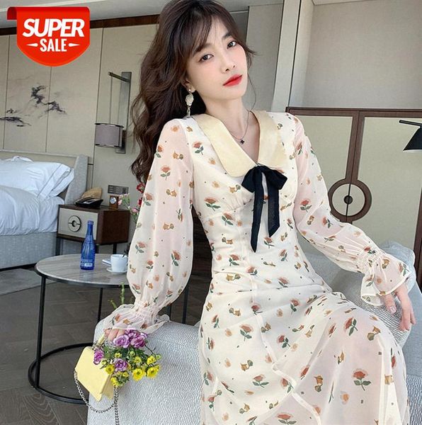 

french small fresh and sweet chiffon print skirt, trumpet sleeve fashion doll collar dress female #cc8q, Black;gray