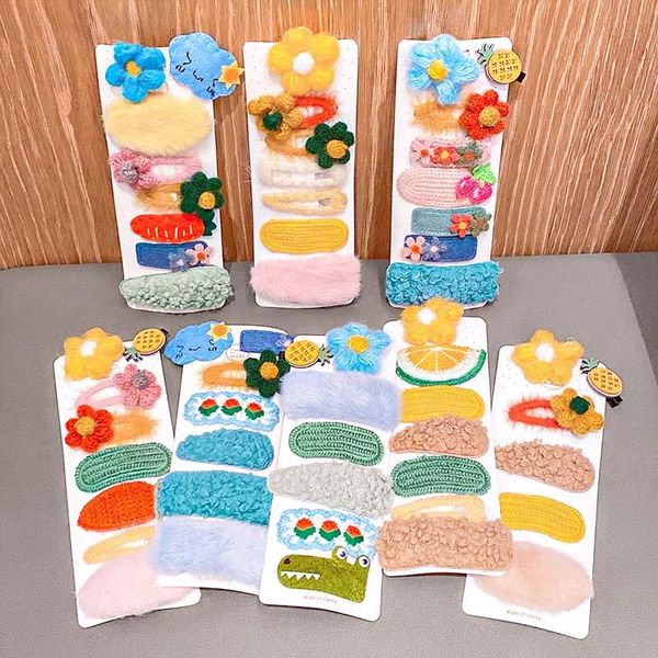 

hair accessories 8pcs/set winter colorful cartoon flower plush knitting clips lovely hairpins barrettes headband for girls, Slivery;white