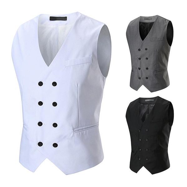 

men's vests summer european code foreign trade solid color v-neck suit vest features double-breasted belt, Black;white