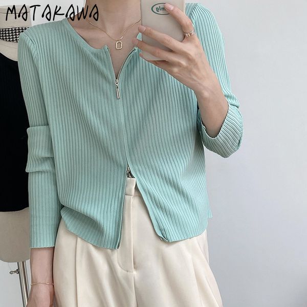 

matakawa solid color knitted cardigan women's spring and summer women's sweater double zipper ins base outer sweater 210513, White;black