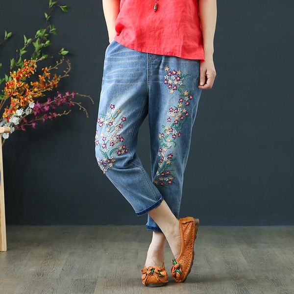 

women's jeans 983 plus size women chic flowers embroidery elastic waist autumn arrival lacing folds korean fashion femme harem pants, Blue