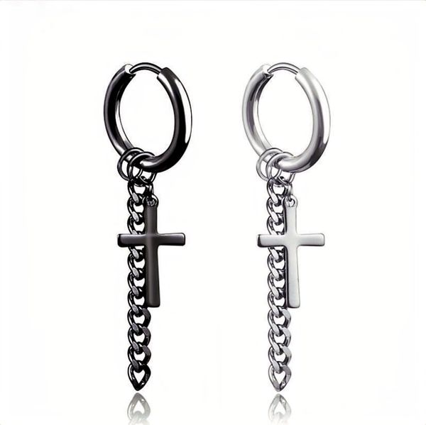 

male black stud earring clips punk style titanium steel single cross chain tassel hipster for man fashion jewelry skin friendly, Golden;silver