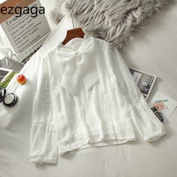 

ezgaga shirt women white fashion bow o-neck vintage long sleeve o-neck party blouse korea style offcie lady shirts elegant 210430