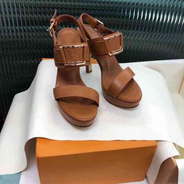 

heels classic high fashion metal buckle quality sandals designer letter leather ladies heel, Black