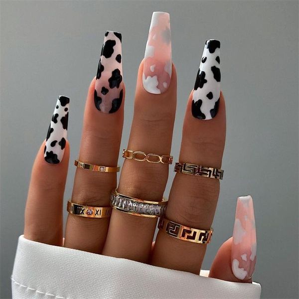 

false nails press on cream spot xl length long ballerina nail art tips 24pcs/set jp1399, Red;gold