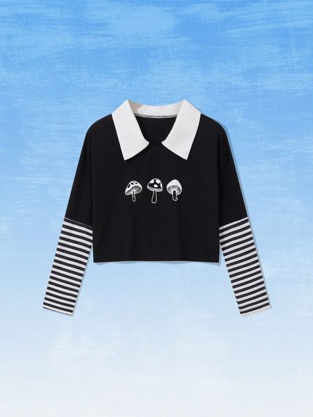 

romwe x libbyframe 2 in 1 striped sleeve mushroom graphic crop tee 23s5#, White