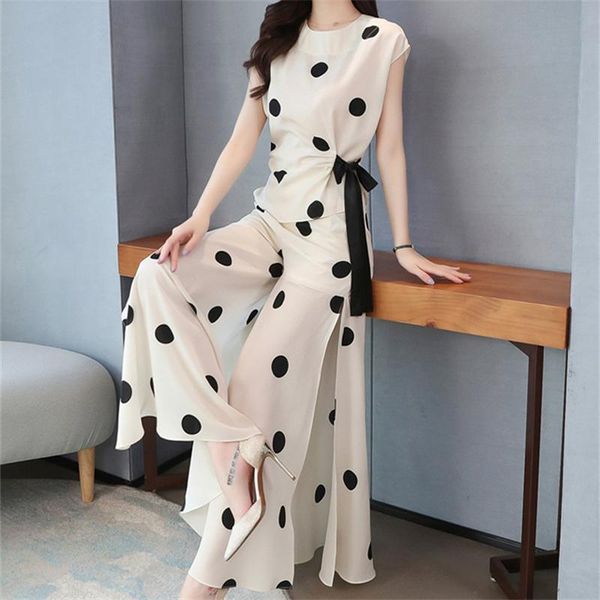 

women's polos wave point chiffon two sets of summer dress temperament high waist show thin trousers wide leg culottes, White