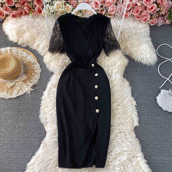 

dresses vintage women black lace patchwork dress office ladies high waist buttons short sleeve vestidos female elegant ol summer, Black;gray