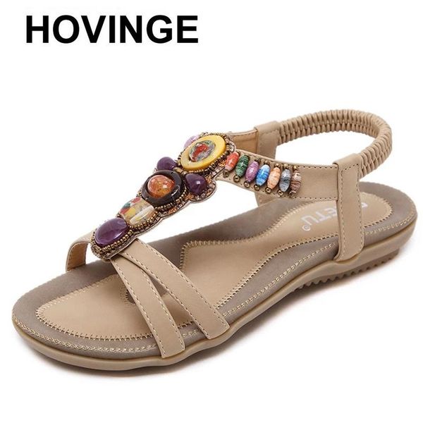 

sandals hovinge bohemian women gemstone beaded slippers summer beach flip flops ladies flat shoes, Black