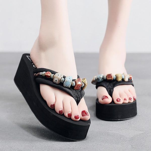 

sandals flip-flops women's summer high-heel anti-slip flat slanted heel flip-flop slippers outer wear-style fashion sl1 i55n, Black