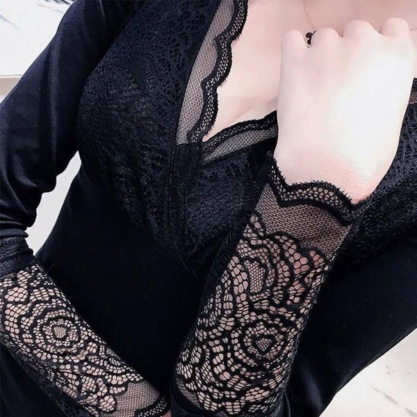 

women's blouses & shirts blouse women super soft velvet v-neck lace lingerie long-sleeved t-shirt blusas mujer de moda, White