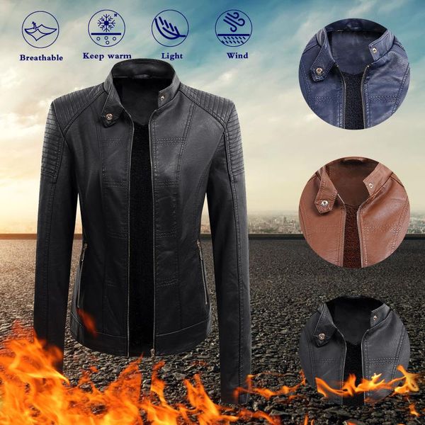 

women's jackets autumn women faux leather jacket fashion long sleeve zipper solid slim short coat casual female outwear motorcycle, Black;brown