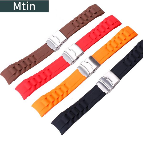 

watch bands universal curved interface silicone sports wristband, stainless steel folding buckle waterproof rubber strap accessories 20 22mm, Black;brown