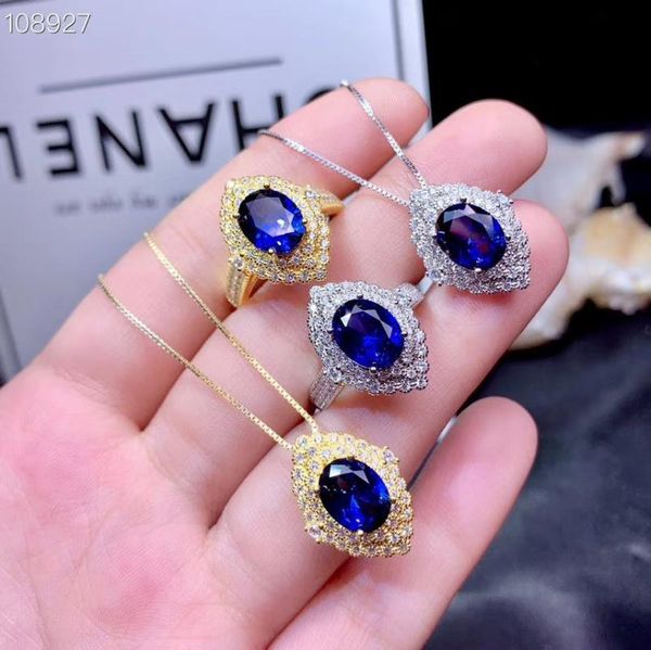 

natural blue sapphire necklace and silver ring jewelry set gem gold color real 925 ornament birthday gift bracelet, earrings &, Black