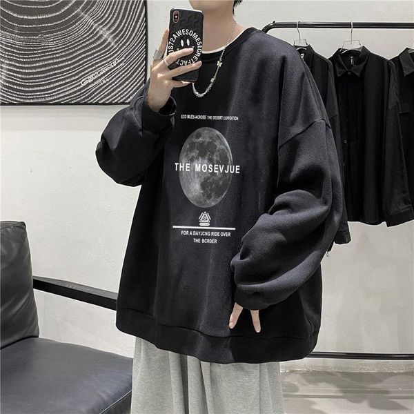 

men's hoodies & sweatshirts hoodie men 2021 trend loose long-sleeve bottom shirt ins fashion brand moon print round neck pullover coat, Black