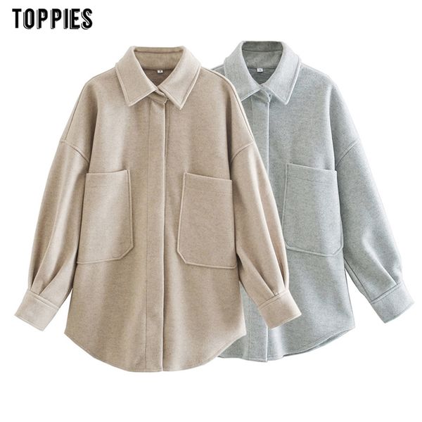 

woman woolen jacket coat single breasted outwear front oversize pockets fashion streetwear 210421, White