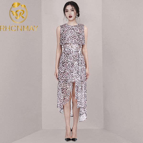 

2021 summer new o neckline dress sleeveless leopard print asymmertrical bow sashes chifon midi dress causal styleswimwear bathing suits, Black;gray