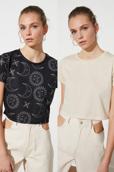 

women's t-shirt trendyol 2'li package crop knitted twoss21ts0417, White