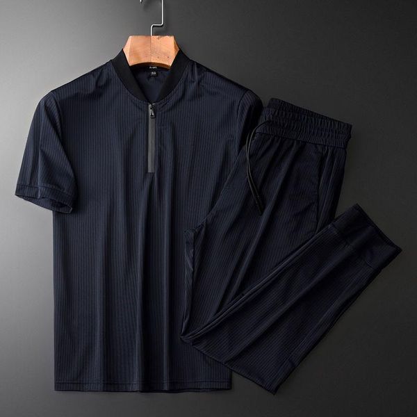 

men's t-shirts light stripe fabric short sleeve suit summer simple pants fashion leisure sports two piece, White;black