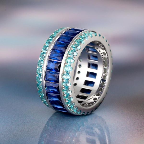 

cluster rings dnschic s925 silver ring shinny one row tennis t-square for men and women hip hop zircon blue stone jewelry, Golden;silver