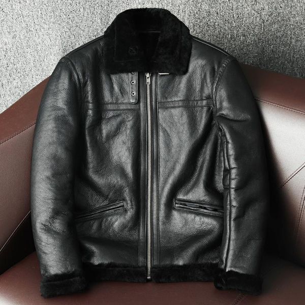 

men's leather & faux 2021 jacket winter large thickened sheepskin fur one-piece slim fit warm, Black