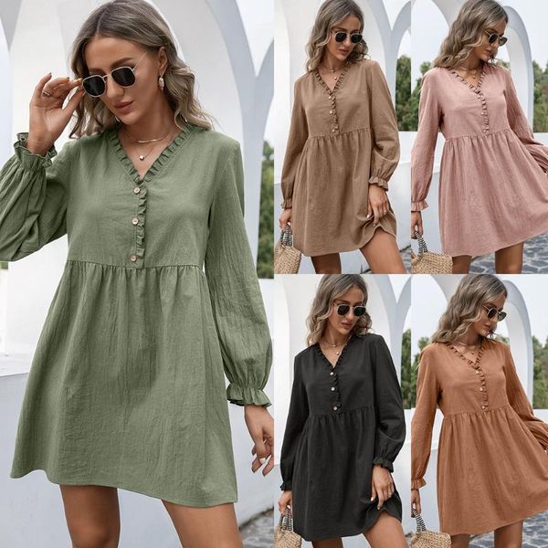 

casual dresses 2021 women dress elegant midi long solid sleeve spring and autumn ruffle sleeves with wood ears a-line vestidos, Black;gray