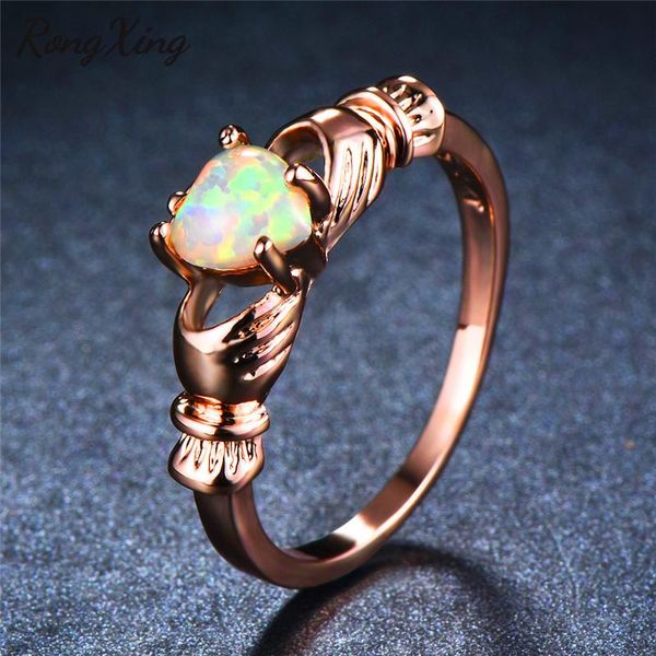 

cluster rings rongxing charming white fire opal heart claddagh for women vintage rose gold filled rainbow birthstone ring fashion bijoux, Golden;silver