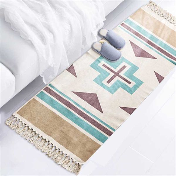 

carpets retro geometric pattern rugs rectangle tassel carpet nordic cotton linen bedside floor mats non-slip pad for home balcony decor