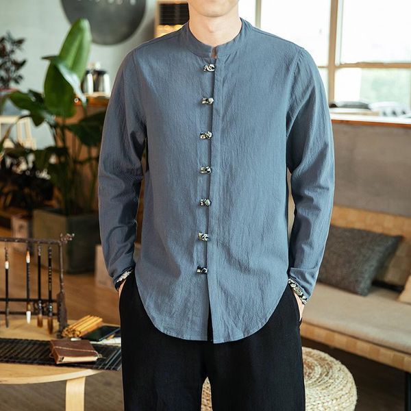 

men's casual shirts -5xl chinese style mens shirt cotton linen button long sleeve camisa masculina stand collar vintage men xxxxxl, White;black