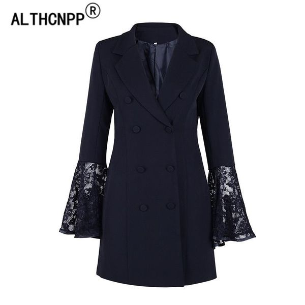 

women's suits & blazers blazer women jacket double breasted black lace trumpet sleeve suit skirt slim fashion elegant lange vro, White;black