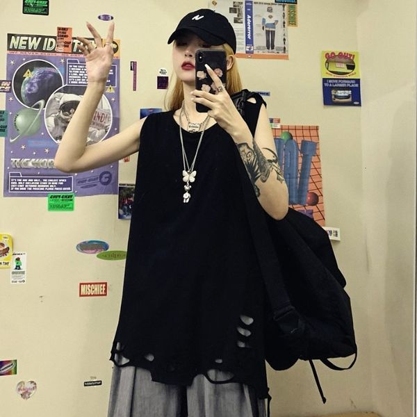 

men' tank vest wear fashion loose and perforated bottomed sleeveless t-shirt for men and women in summer, White;black