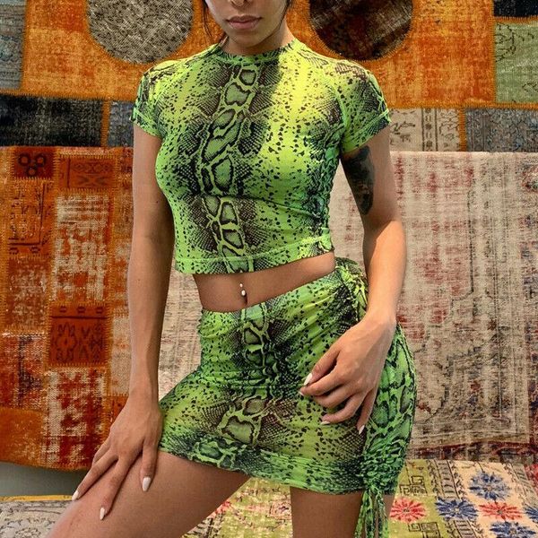 

two piece dress women lady snake printed 2 set bodycon crop and skirt serpentine lace up party, White